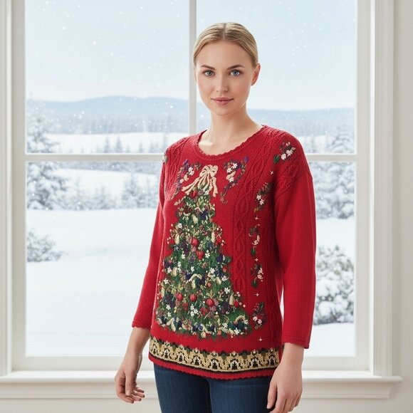 Tiara International Embellished Vintage Christmas Tree Red Sweater Size Large - Picture 1 of 7